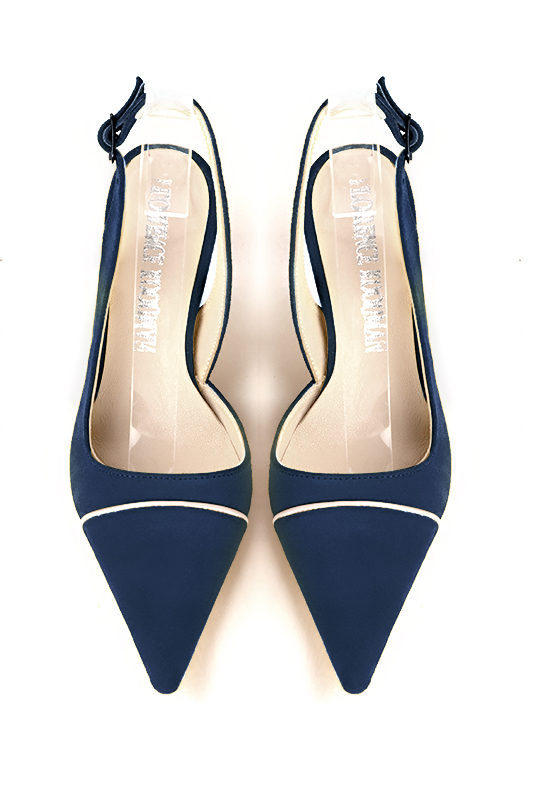 Navy blue and light silver women's slingback shoes. Pointed toe. Medium spool heels. Top view - Florence KOOIJMAN